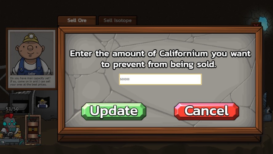 The sell prompt when selling a mineral in Mr. Mine