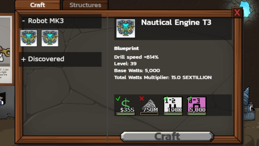 A drill blueprint provides 15 sextillion power in Mr. Mine