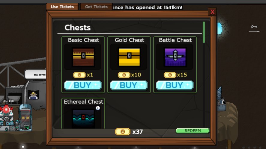 Mr. Mine game screenshot showing the chest purchasing menu. Four types of chests are displayed: Basic Chest (costs 1 ticket), Gold Chest (10 tickets), Battle Chest (15 tickets), and Ethereal Chest available for redemption with 37 tickets. Buttons labeled 'BUY' or 'REDEEM' are shown below each chest option inside a wooden-framed shop interface.