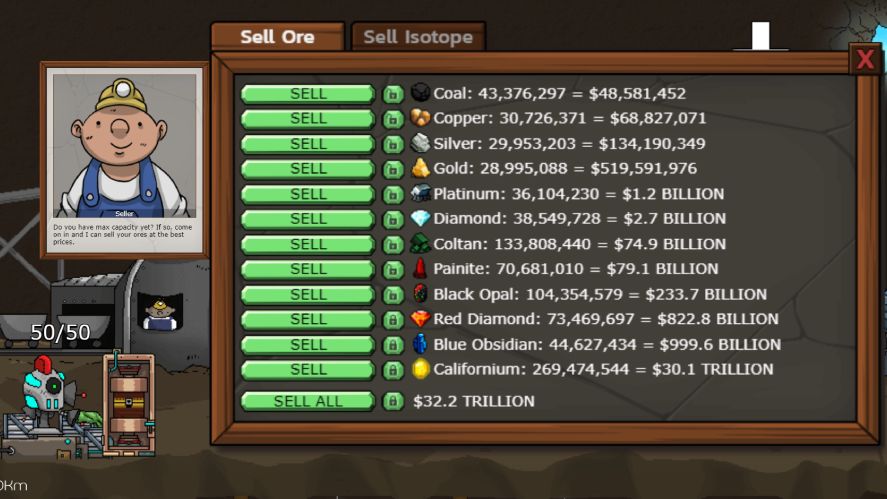 Selling Mr. Mine resources at the Sell Center