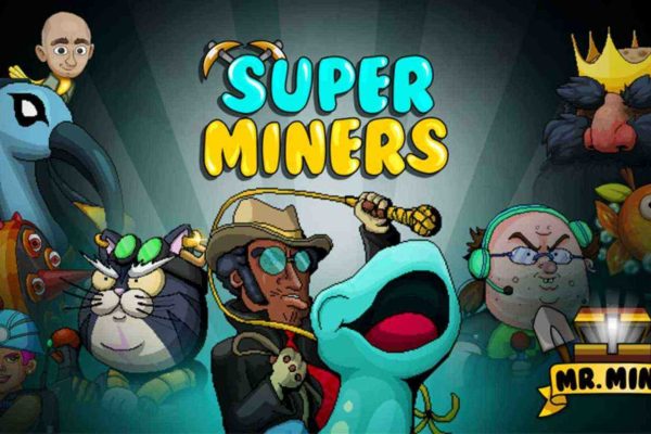Colorful promotional artwork for the game 'Super Miners' by Mr. Mine, featuring cartoon-style characters including a miner with sunglasses and a whip, a frog-like creature, a black cat with goggles, a dwarf king with a crown, and other quirky characters surrounding the bold title 'SUPER MINERS' in bright blue and yellow letters. The Mr. Mine logo with a treasure chest, shovel, and pickaxe is shown at the bottom right.
