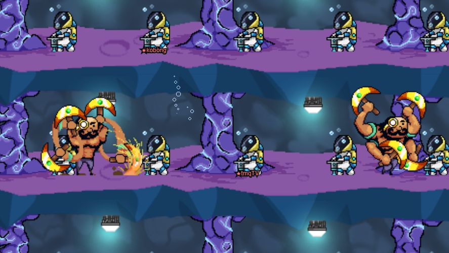Two Mr. Mine Super Miners are digging in the mineshaft