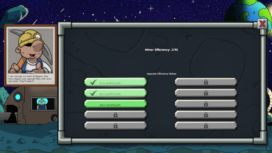 Upgrade Mr. Mine miners with miner efficiency upgrades
