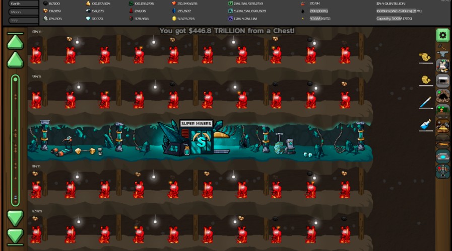 Screenshot from the game Mr. Mine showing underground mining tunnels filled with red crystal deposits. At the 147m depth level, the 'Super Miners' building is prominently featured at the center, surrounded by glowing machinery, miners, and conveyor belts transporting resources. A message at the top reads 'You got $446.8 TRILLION from a Chest!