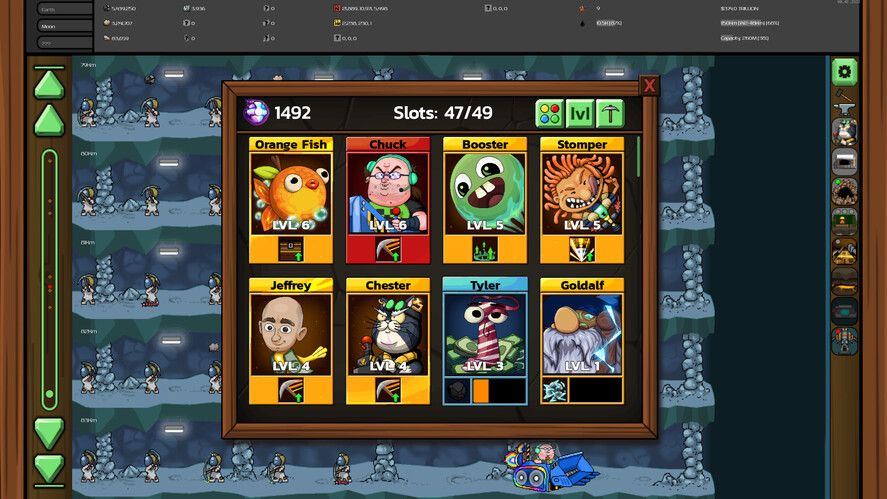 Mr. Mine game screenshot showing the Super Miners management panel with 47 out of 49 slots filled. Displayed miners include Orange Fish (Level 6), Chuck (Level 6), Booster (Level 5), Stomper (Level 5), Jeffrey (Level 4), Chester (Level 4), Tyler (Level 3), and Goldalf (Level 1). Each miner is represented by a colorful character portrait with their level indicated below.