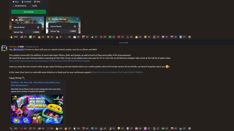 A screenshot from Mr. Mine Idle Discord