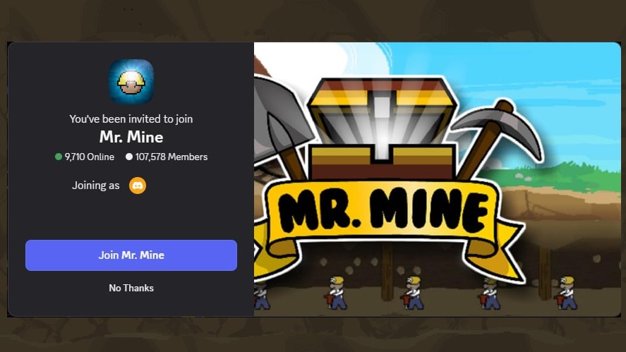 Mr. Mine Idle Discord invitation pop-up
