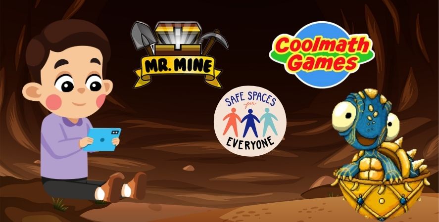 Child playing Mr. Mine idle mining game on Coolmath Games platform with safe spaces mascot and treasure creature.