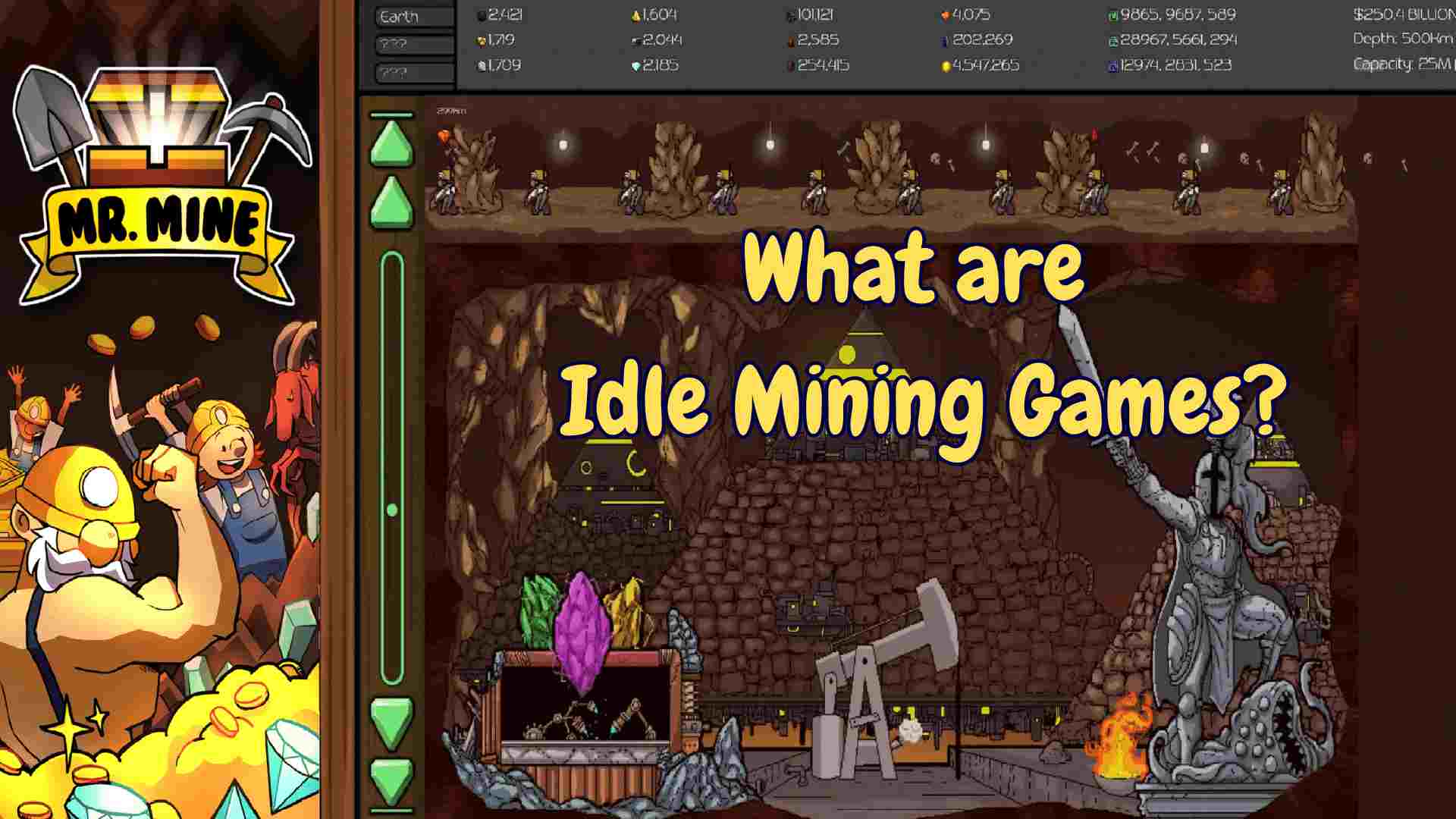 Mr. Mine idle mining game screenshot featuring cartoon miners, treasure chest logo, and underground mine with the text 'What are Idle Mining Games?