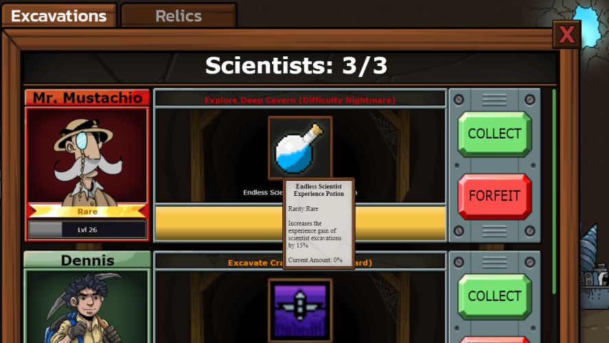 Mr. Mine scientist excavation with relic as a reward