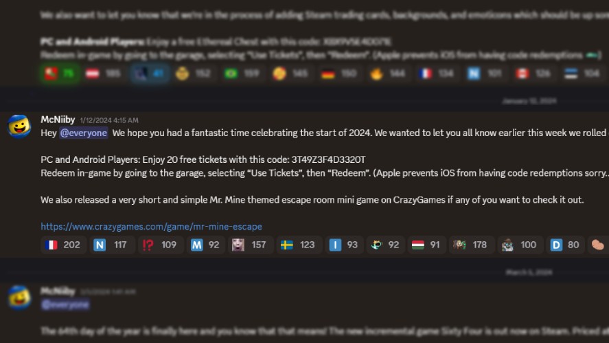McNiiby regularly giveaway redeem codes in announcement channel in Mr. Mine Discord