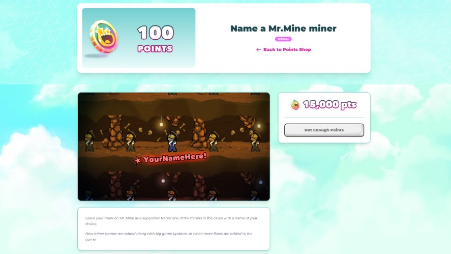 Screenshot of a points shop redemption screen for the game Mr. Mine, featuring an offer to "Name a Mr.Mine miner" for 15,000 points with an example image displaying "YourNameHere!" in glowing red text over a pixel art cave background.