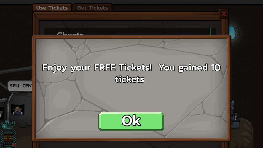 A message displaying Enjoy your FREE Tickets! You gained 10 tickets