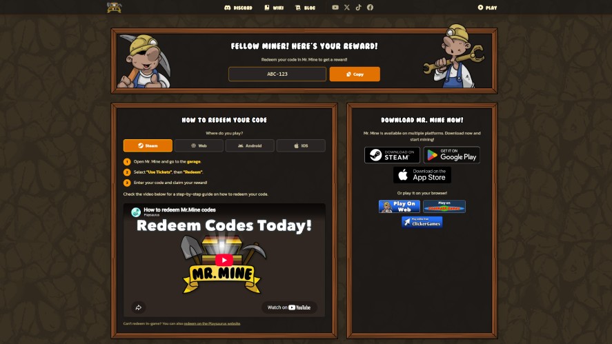 The code redemption webpage