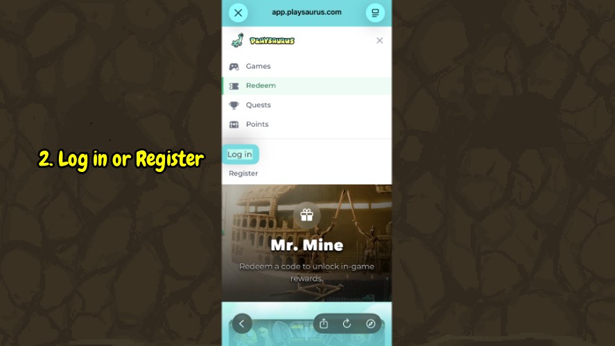 Mr. Mine redemption page showing the Playsaurus menu with the Log in and Register options highlighted