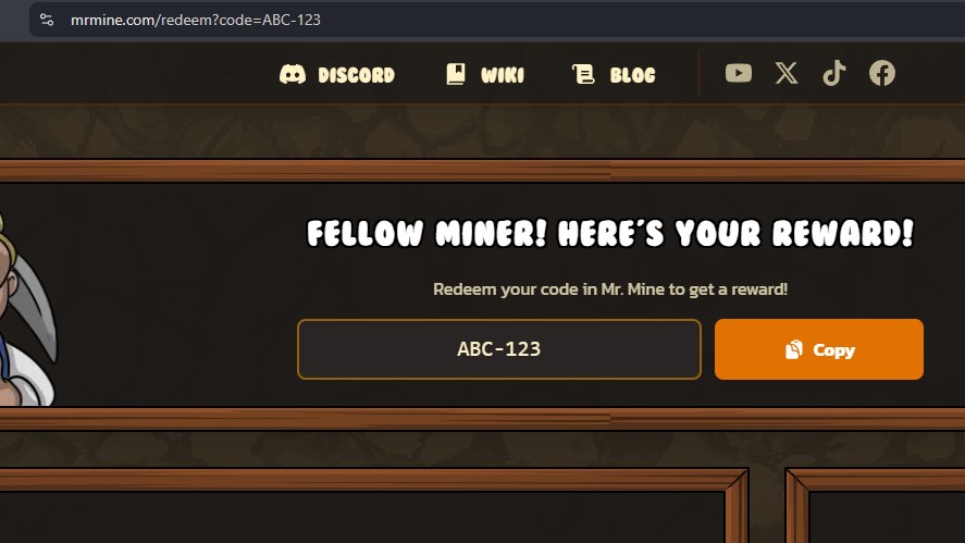 Open the complete Mr. Mine redemption URL without removing the code