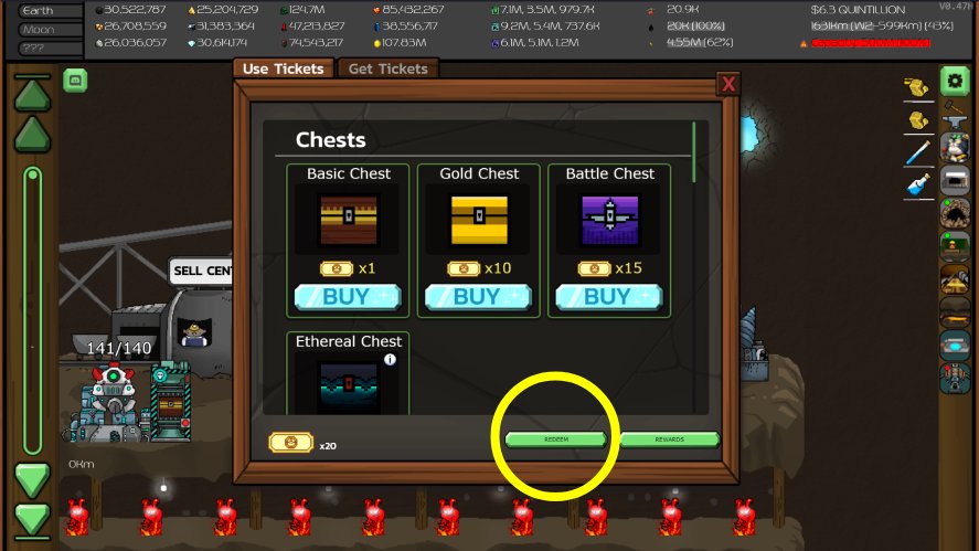 A yellow marker around the redeem button in the Use Tickets tab