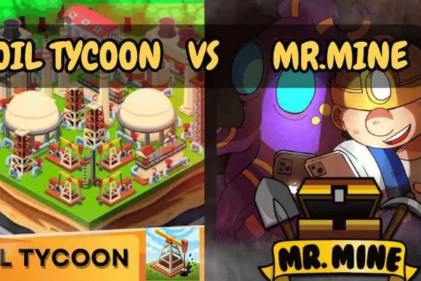 Split banner showing Oil Tycoon’s industrial oil refinery setup on the left and Mr. Mine’s cartoon miner character with logo on the right, with the text “Oil Tycoon vs Mr. Mine.