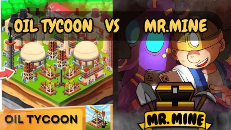 Split banner showing Oil Tycoon’s industrial oil refinery setup on the left and Mr. Mine’s cartoon miner character with logo on the right, with the text “Oil Tycoon vs Mr. Mine.