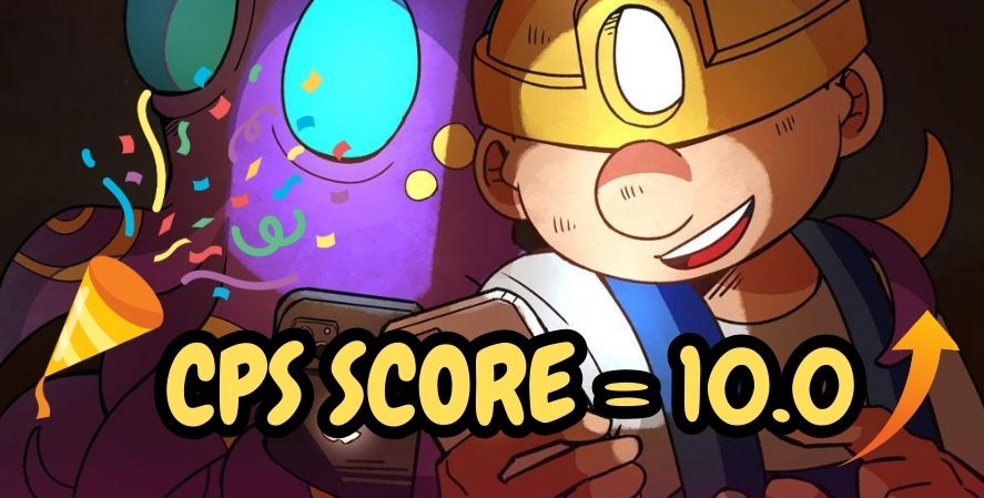 Mr. Mine Idle Clicker miner character celebrating a CPS score of 10.0 with confetti and upward arrow.