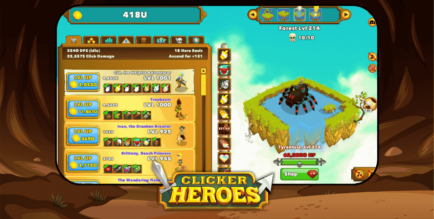 Idle clicker games
Screenshot of Clicker Heroes showing hero list, level-up options, gold counters, and a battle against a tarantula boss in the Forest stage.