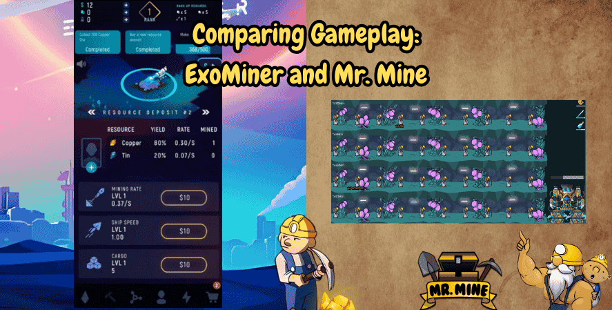 ExoMiner and Mr. Mine
Side-by-side comparison of ExoMiner’s futuristic resource management screen and Mr. Mine’s underground mining gameplay, with cartoon miners and the caption “Comparing Gameplay: ExoMiner and Mr. Mine.