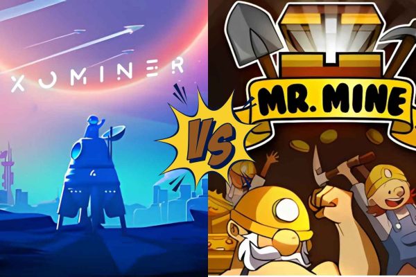 ExoMiner and Mr. Mine Split-screen banner showing ExoMiner’s futuristic space setting on the left and Mr. Mine’s retro-style dwarves mining on the right, with a “VS” symbol in the center.