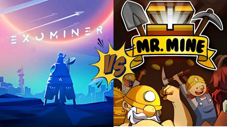 ExoMiner and Mr. Mine Split-screen banner showing ExoMiner’s futuristic space setting on the left and Mr. Mine’s retro-style dwarves mining on the right, with a “VS” symbol in the center.