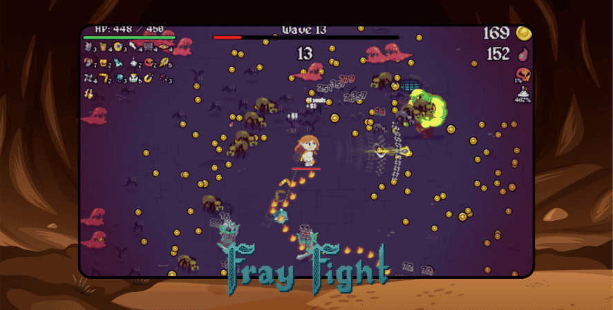 Gameplay screenshot of Fray Fight with a character battling waves of enemies while collecting coins, health bar and stats displayed at the top.