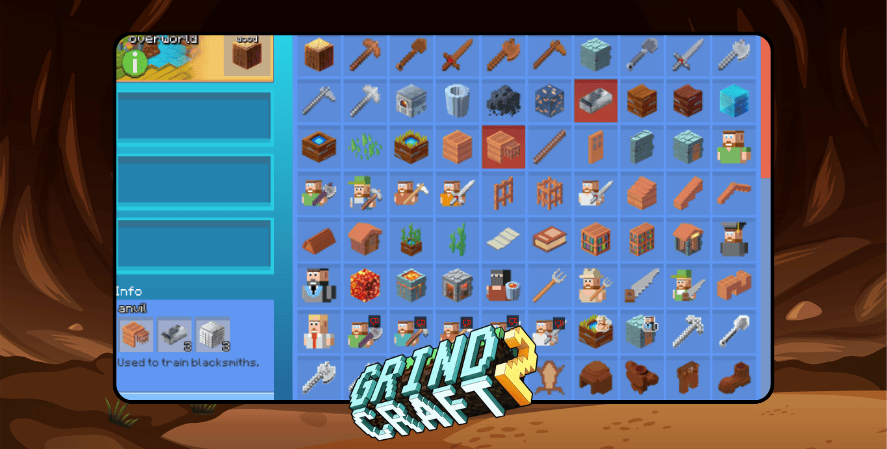 Pixel-art style GrindCraft 2 interface showing a large crafting grid with resources, tools, and characters resembling Minecraft elements.