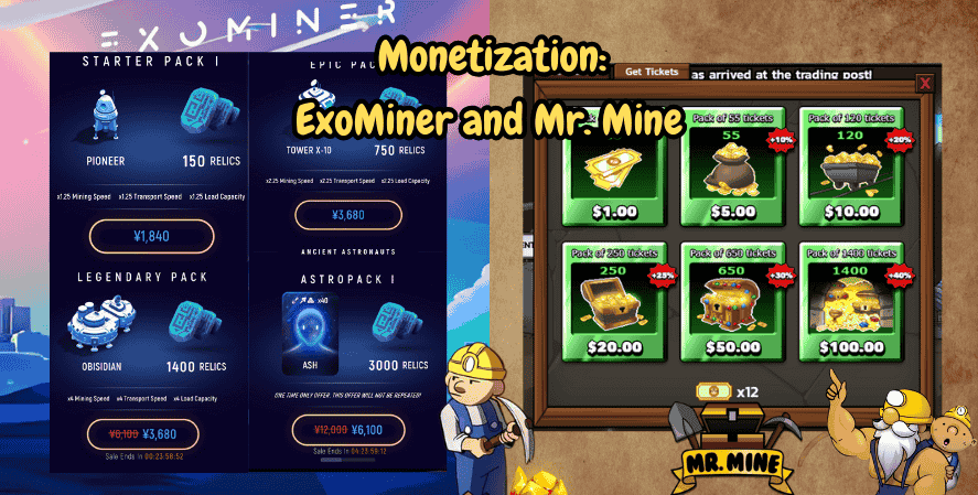 ExoMiner and Mr. Mine
Side-by-side comparison of ExoMiner’s premium packs with futuristic designs and Mr. Mine’s ticket shop with chests and bundles, captioned “Monetization: ExoMiner and Mr. Mine.