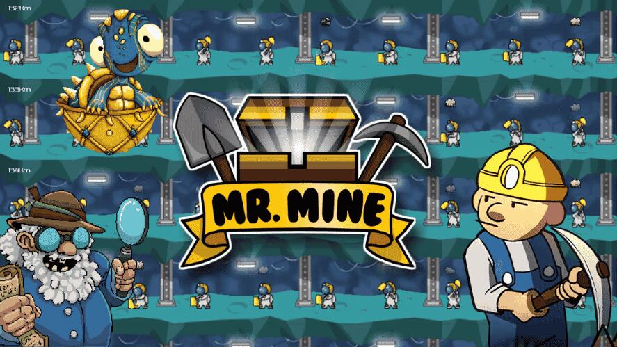 Mr Miner Game featuring Mr Mine Logo and some of the characters in it with the background of the moon map in Mr. Mine Idle Game