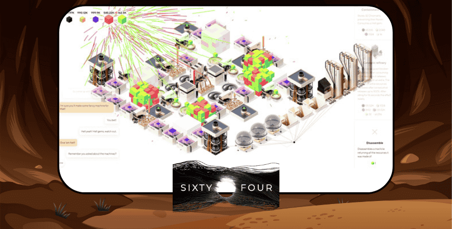Idle clicker games
Abstract game screenshot of Sixty Four featuring colorful cubes, factory-like structures, and interconnected production chains.