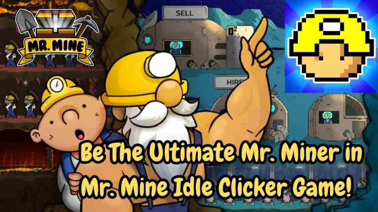 Mr. Mine Idle Clicker Game promotional banner featuring cartoon miners with helmets, the Mr. Mine logo, and text 'Be The Ultimate Mr. Miner' encouraging players to dig deeper and hire workers.