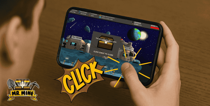 A person holding a smartphone playing Mr. Mine, showing a space mining scene with bases and a treasure chest reward, alongside the word “CLICK” and Mr. Mine logo.