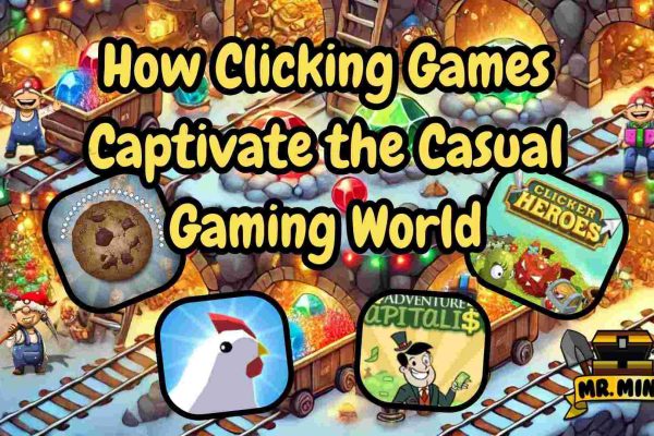 Clicking games Colorful mine background with gems, gold, and cheerful miners, overlaid with the text “How Clicking Games Captivate the Casual Gaming World” and icons of Cookie Clicker, Adventure Capitalist, Clicker Heroes, Egg, Inc., and Mr. Mine.