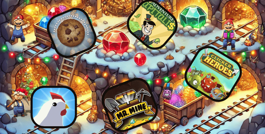 Illustration of a festive mine filled with gems, gold, and miners, featuring icons of popular idle and clicking games including Cookie Clicker, Adventure Capitalist, Clicker Heroes, Mr. Mine, and Egg, Inc.