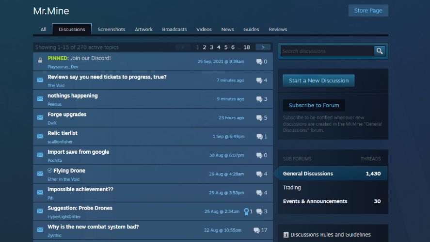 The Mr. Mine mining game discussion forum on Steam