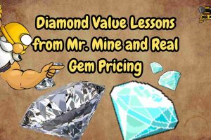 Illustrated banner featuring a dwarf miner pointing at large diamonds, mixing pixel-style in-game gems with realistic diamonds, with the title “Diamond Value Lessons from Mr. Mine and Real Gem Pricing.