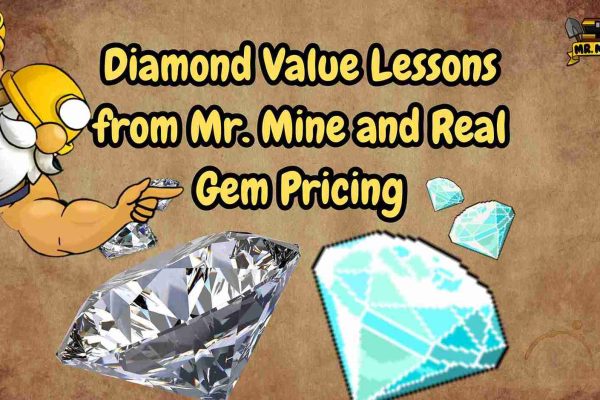 Illustrated banner featuring a dwarf miner pointing at large diamonds, mixing pixel-style in-game gems with realistic diamonds, with the title “Diamond Value Lessons from Mr. Mine and Real Gem Pricing.