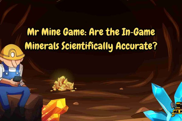 Mr Mine Game Illustrated title banner with a miner sitting in a cave on a smartphone, surrounded by colorful crystals and gold, asking if Mr. Mine’s in-game minerals are scientifically accurate.