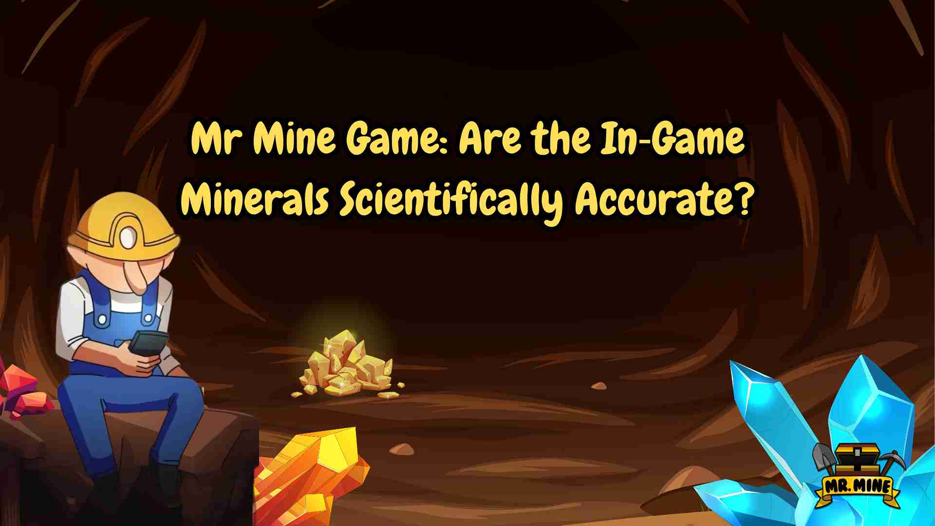 Mr Mine Game Illustrated title banner with a miner sitting in a cave on a smartphone, surrounded by colorful crystals and gold, asking if Mr. Mine’s in-game minerals are scientifically accurate.