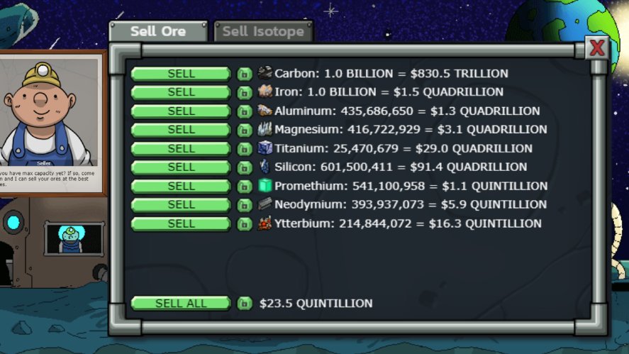 Selling Neodymium in the Sell Center in Mr. Mine