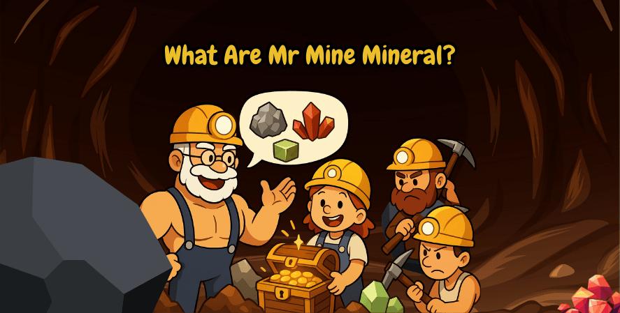 Cartoon miners inside a cave with gold, gems, and minerals. One miner points to a speech bubble showing rocks, cubes, and crystals, under the caption “What Are Mr Mine Mineral?