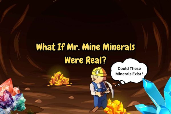 Mr Mine Minerals Cartoon miner with a pickaxe in a cave surrounded by colorful crystals and gold, thinking “Could These Minerals Exist?” under the title “What If Mr. Mine Minerals Were Real?