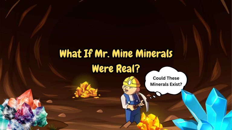 Mr Mine Minerals Cartoon miner with a pickaxe in a cave surrounded by colorful crystals and gold, thinking “Could These Minerals Exist?” under the title “What If Mr. Mine Minerals Were Real?