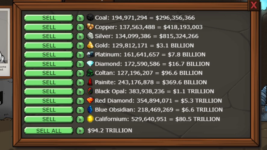In-game value when selling all Earth minerals