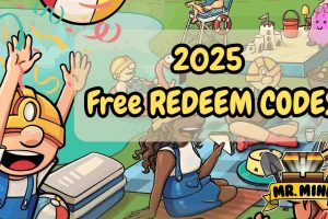 Mr. Mine 2025 free redeem codes banner featuring cheerful miners at a summer beach scene with confetti, picnic, sandcastle, and the Mr. Mine logo.