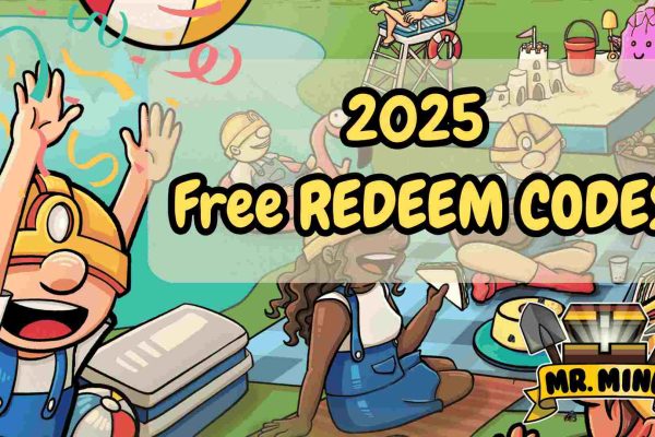 Redeem Codes for Mr. Mine Idle – Grab Your 60-Minute Boost Now! Mr. Mine 2025 free redeem codes banner featuring cheerful miners at a summer beach scene with confetti, picnic, sandcastle, and the Mr. Mine logo.