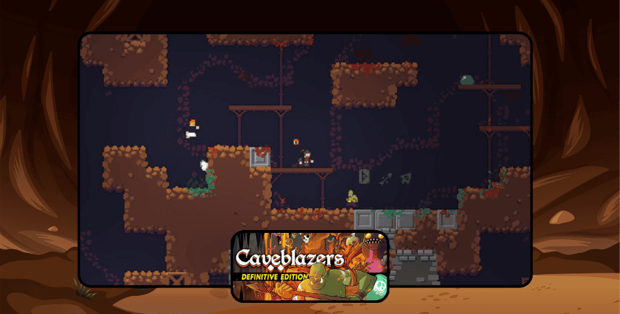 A gameplay screenshot of Caveblazers, depicting a side-scrolling cave environment with platforms, ladders, and characters fighting monsters.